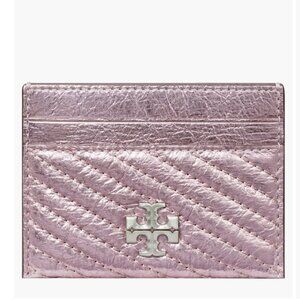 Tory Burch Leather Kira Moto Quilt Metallic Pave Logo Card Case Sparkle Pink